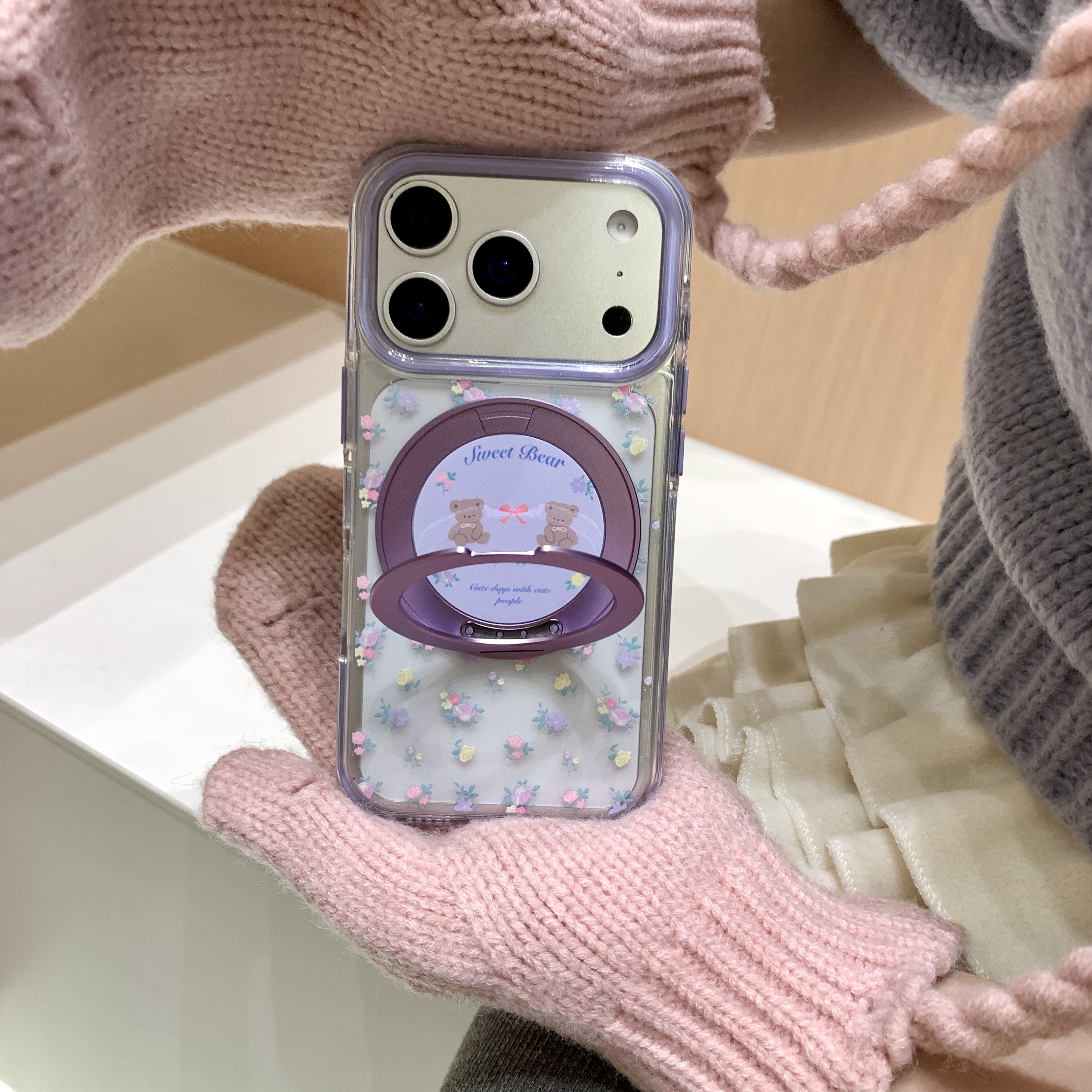 紫色碎花蝴蝶结小熊防撞条边框iphone适用17promax苹果16pro个性15男女14可爱13机械360度旋转横竖支架手机壳