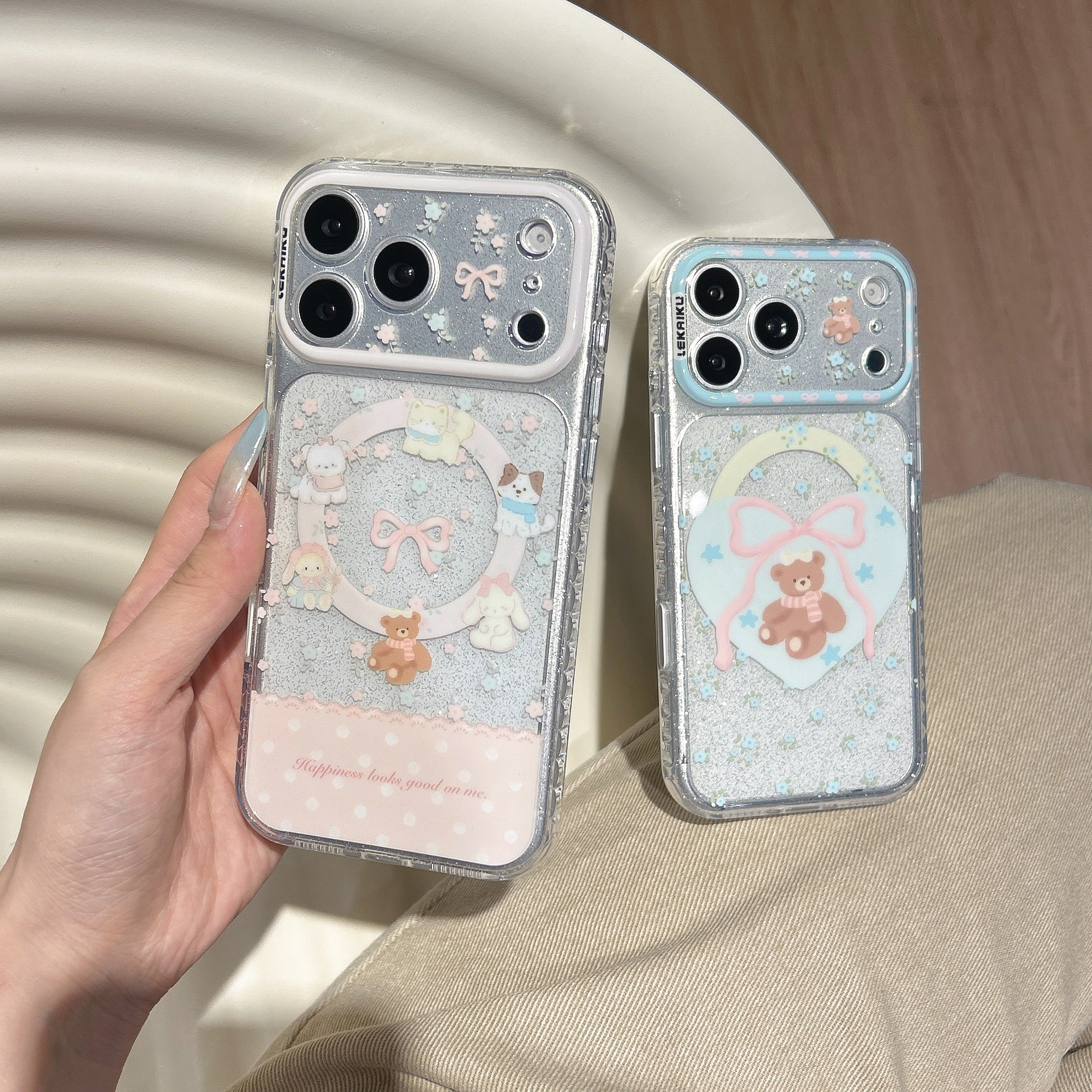 LEKAIKU粉色波点爱心小熊适用iphone苹果17promax可爱16pro卡通15全包相机ai五金按键精孔气囊防刮磁吸手机壳