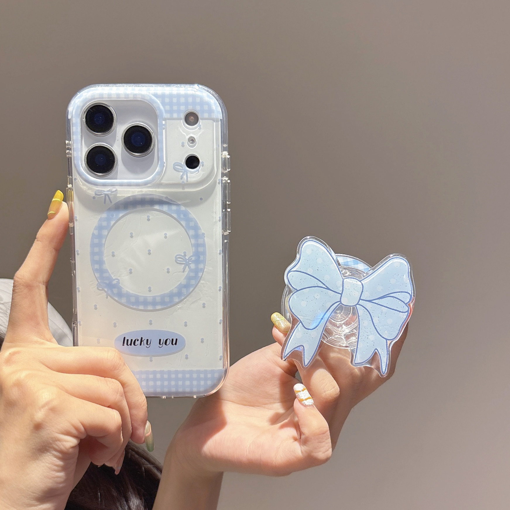 双层IMD圆角软边硬背适用iphone17promax苹果13小众14相机键全包151甜美6pro女生韩系蓝格纹蝴蝶结磁吸手机壳