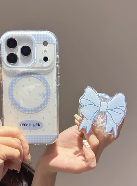 双层IMD圆角软边硬背适用iphone17promax苹果13小众14相机键全包151甜美6pro女生韩系蓝格纹蝴蝶结磁吸手机壳