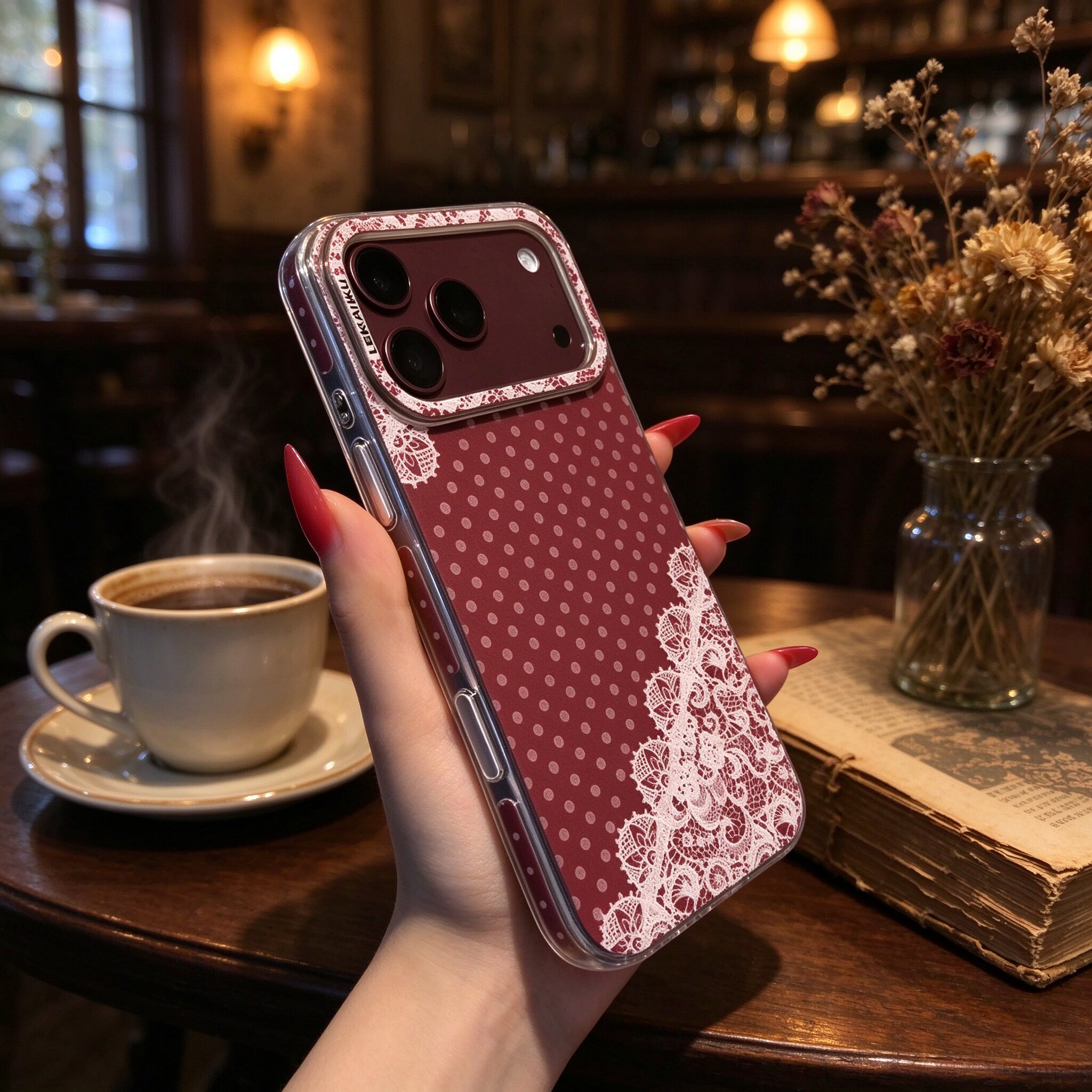 波点蕾丝乐开酷LEKAIKU侧颜适用iphone18promax苹果17pro可爱16双层IMD包相机AI独立按键磨砂肤感防摔手机壳