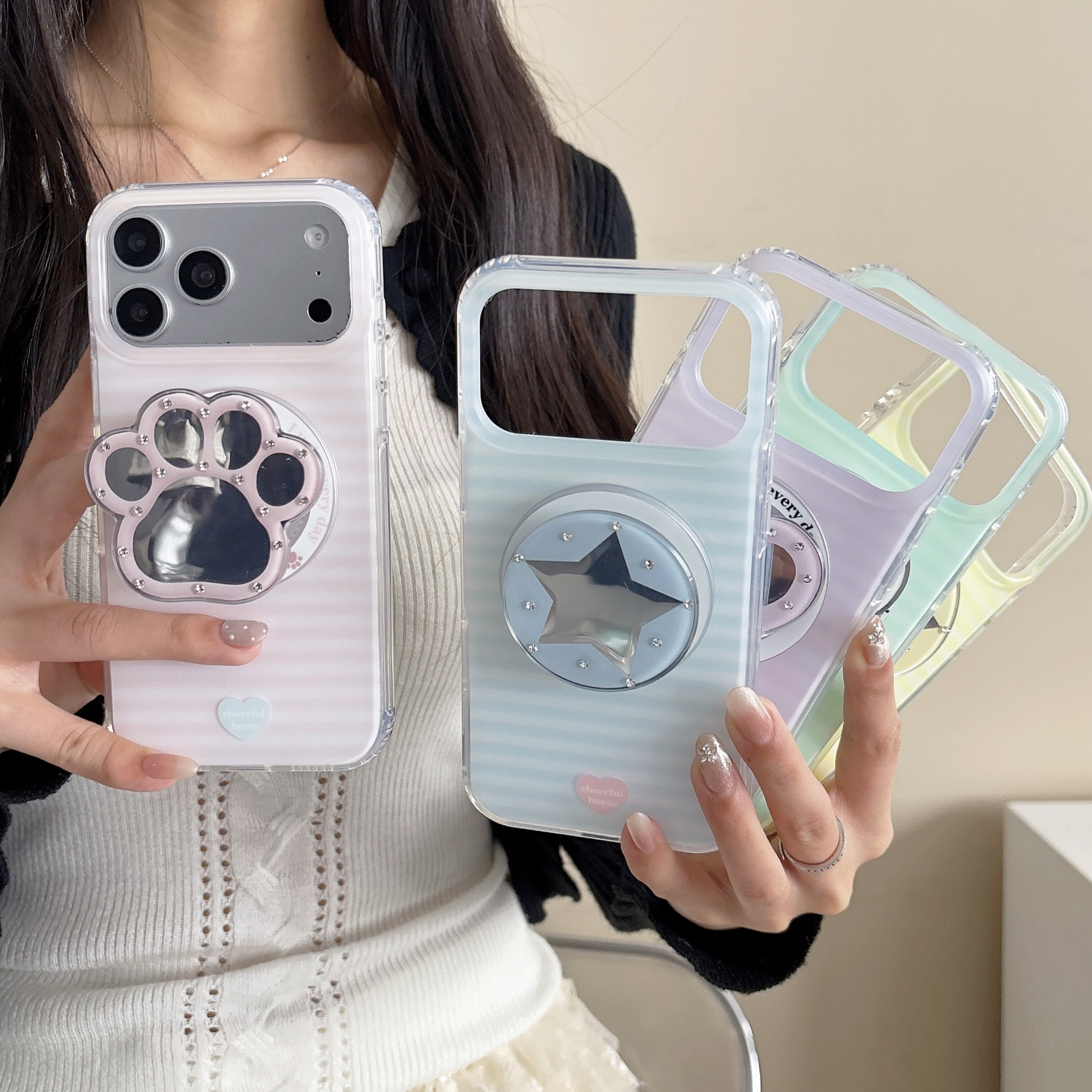 ins横条纹磨砂肤感双层IMD适用iphone苹果17promax小众16pro高级15包相机ai键点钻镜子支架磁吸防指纹手机壳