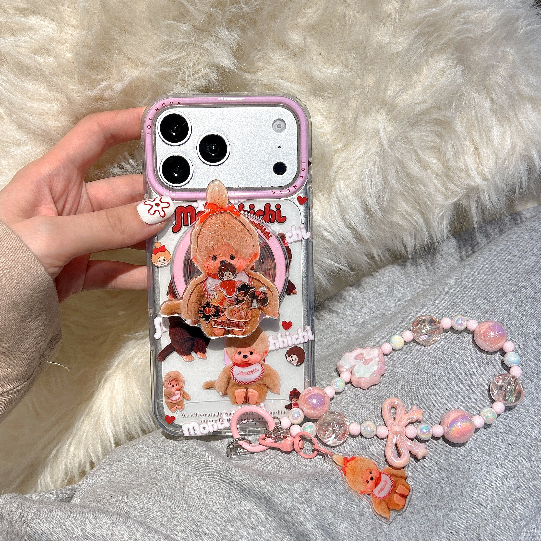 粉色蒙奇奇磁吸支架链条适用iphone苹果17promax可爱16pro小众15少女14卡通13时尚全包ai相机键双层IMD手机壳