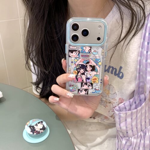 漫画少女适用iphone苹果17promax卡通16pro可爱15小众个性时尚潮流女生独立按键高透气囊边条磁吸支架手机壳