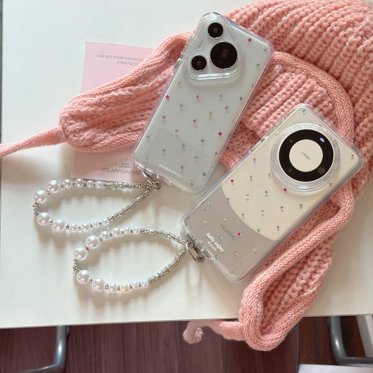 彩色鎏金钻细闪波点星星适用Huawei华为Mate80promax女生pura70小众60pro时尚潮流透色双层IMD圆边防摔手机壳