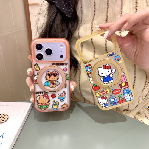 沙滩零食KT猫苹果适用iphone苹果17promax卡通16pro可爱15小众男女时尚磨砂肤感抗指纹360旋转支架磁吸手机壳