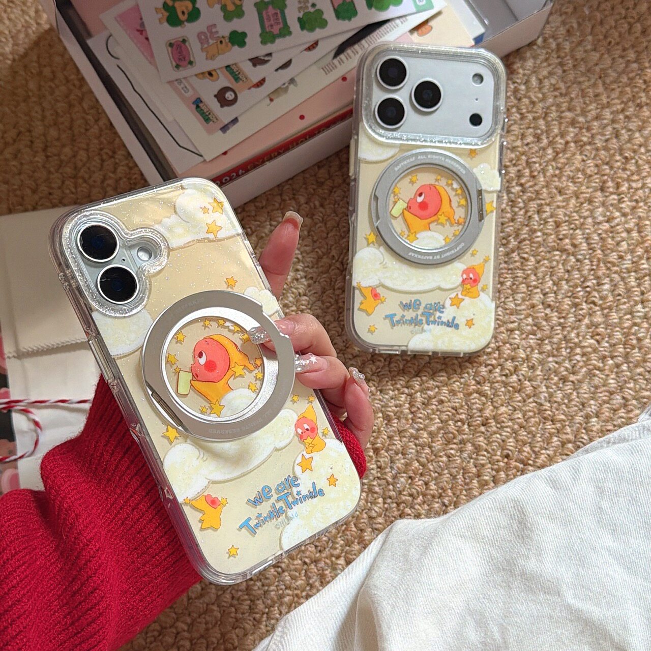 星星人横竖360旋转支架适用iphone苹果17promax可爱16pro男女15卡通相机AI键全包圆边气囊双面IMD防摔手机壳