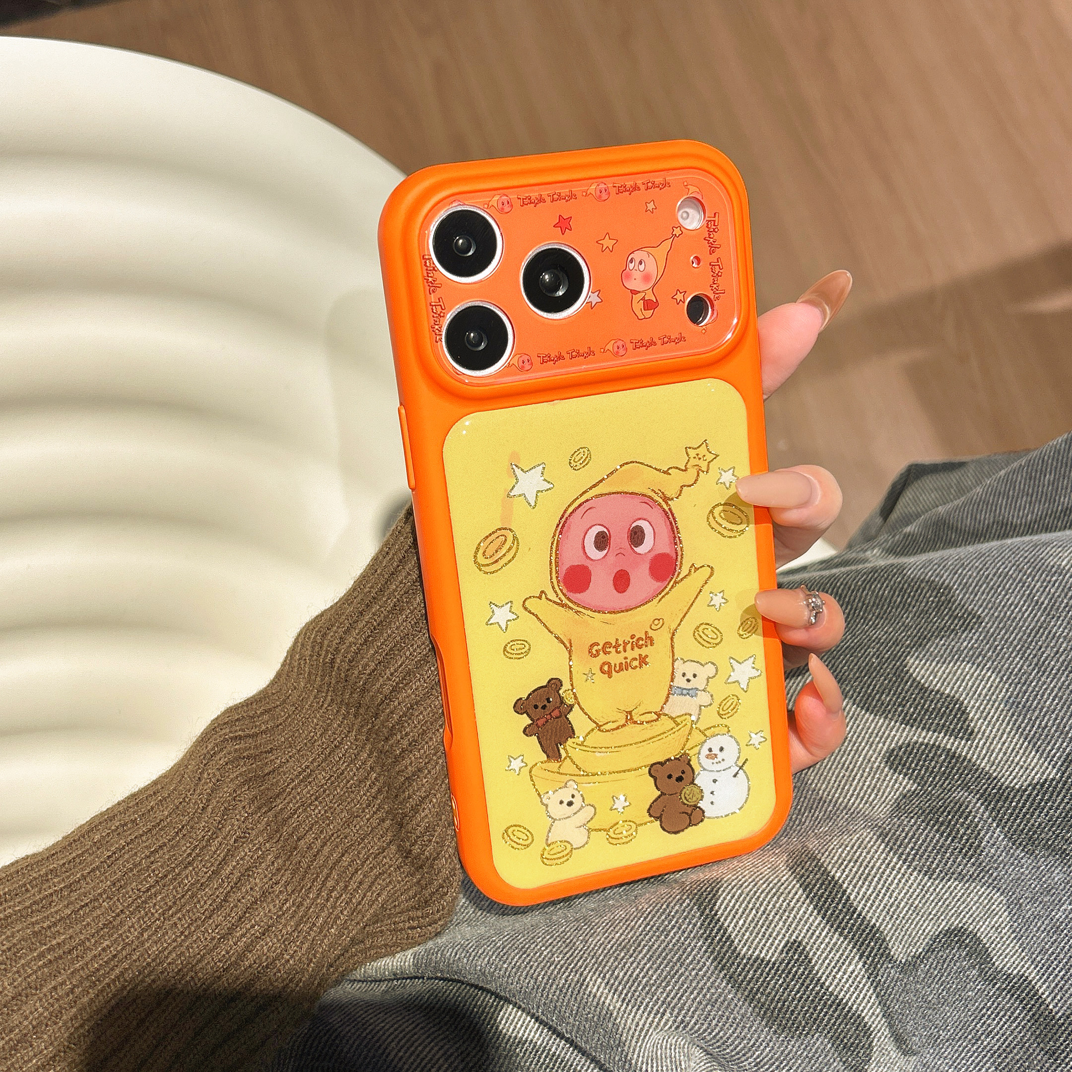 橙框元宝星星人适用iphone苹果17promax小众16pro可爱15男女生甜美包相机ai键秒变大视窗滴胶闪粉精孔手机壳