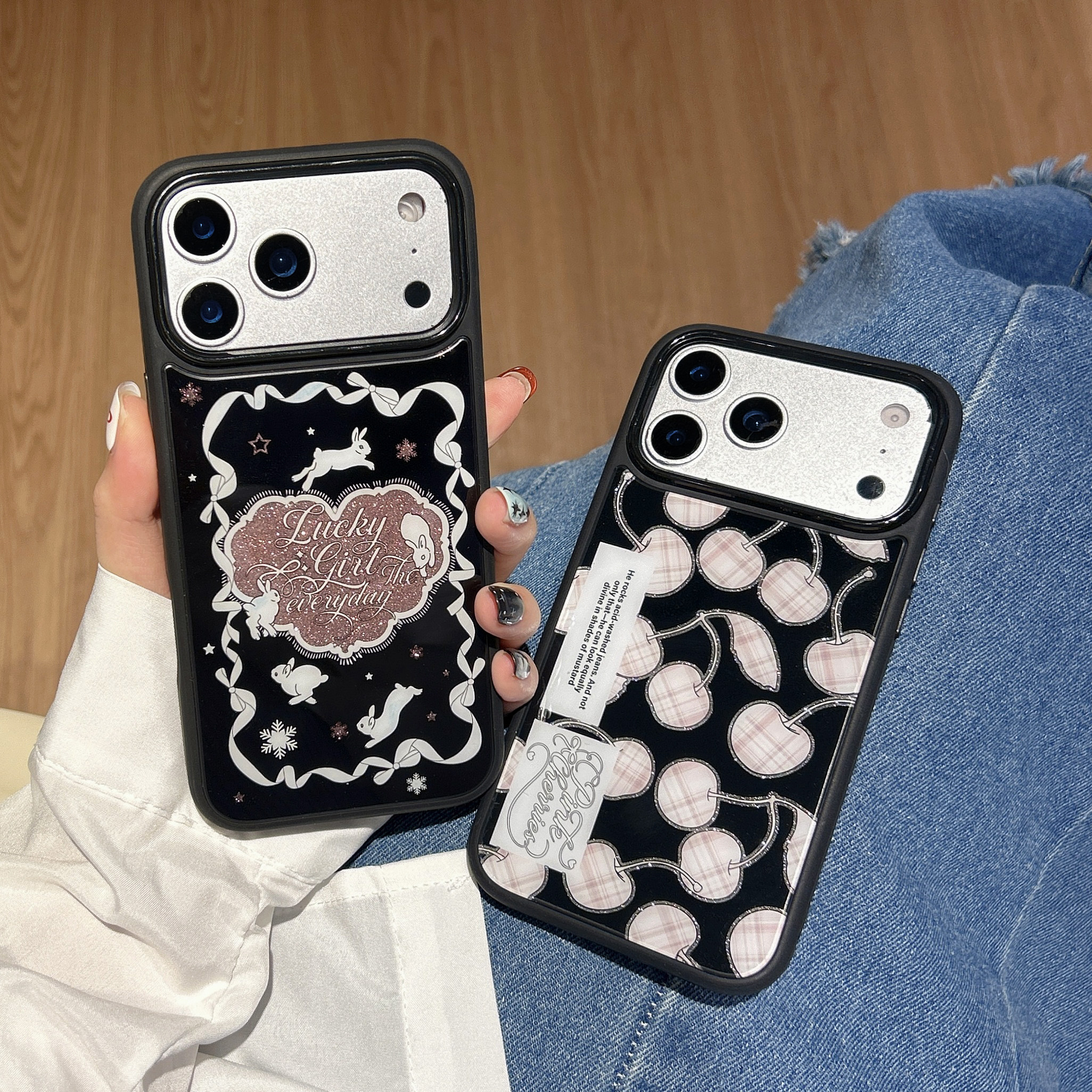 格纹樱桃闪粉小兔乐园适用iphone苹果17promax高级16pro时尚15女生小众黑色气质相机ai键全包防摔磁吸手机壳