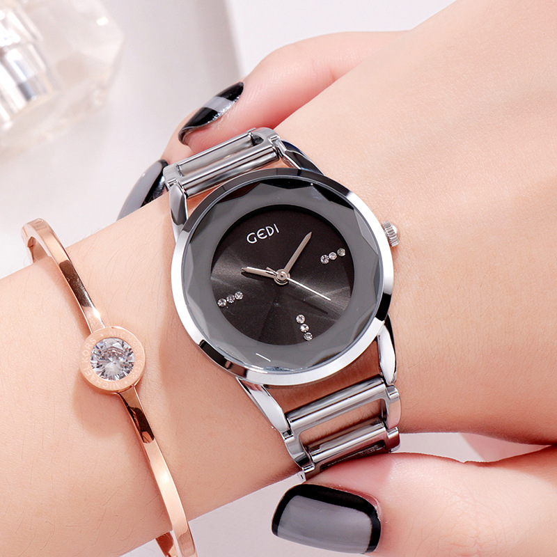 GEDI玫瑰金镶钻简约刻度女士手表钢带防水时装石英表新款厂家直销