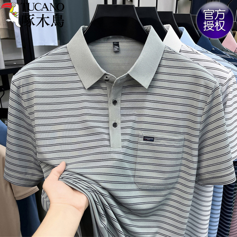啄木鸟条纹短袖t恤爸爸装真口袋图片