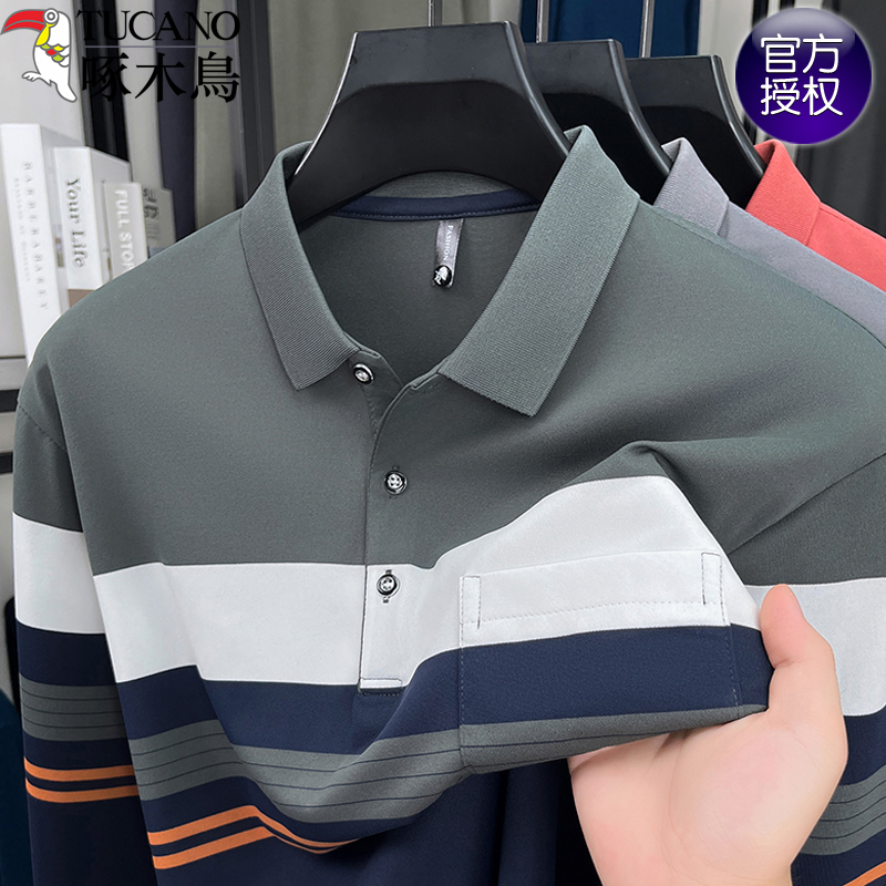 啄木鸟高档条纹真口袋长袖t恤男