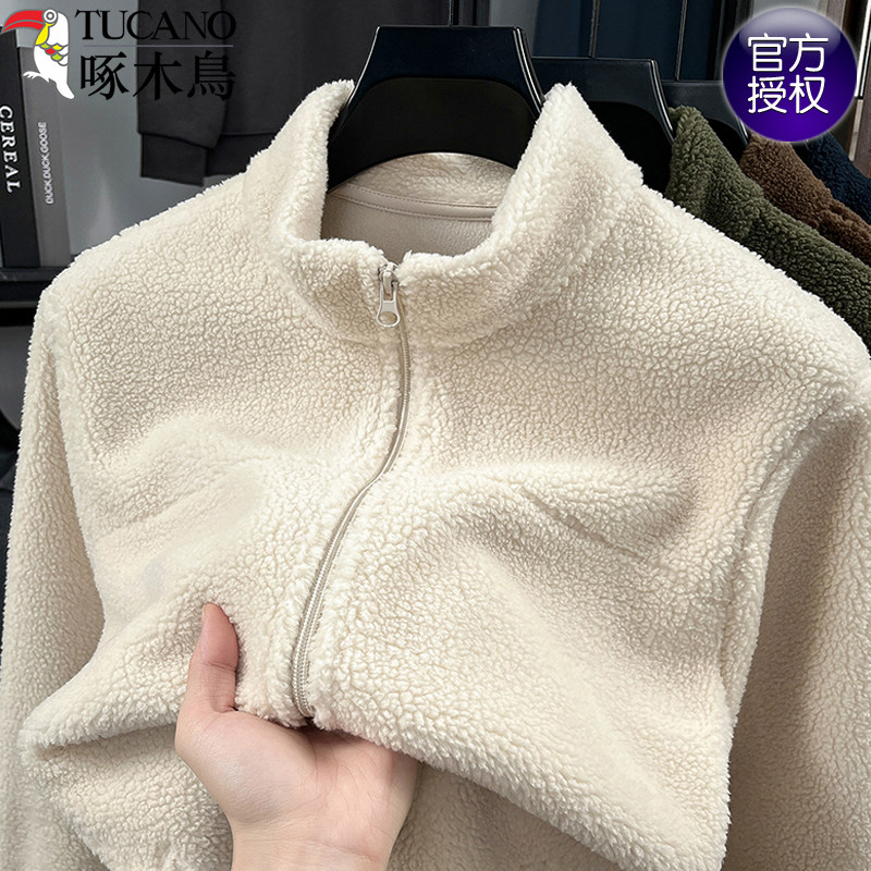 啄木鸟纯色抓绒衣男士秋冬季新款加厚摇粒绒立领夹克户外休闲外套