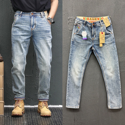 重磅水洗做旧弹力修身直筒牛仔裤