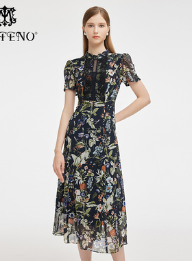 专柜正品马天奴女装秋季新款蓝色印花钉珠连衣裙长裙MRA241DRX0