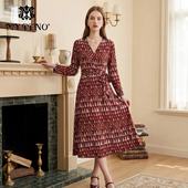 气质法式 马天奴春秋新款 红色度假印花V领连衣裙子绑带收腰修身 女