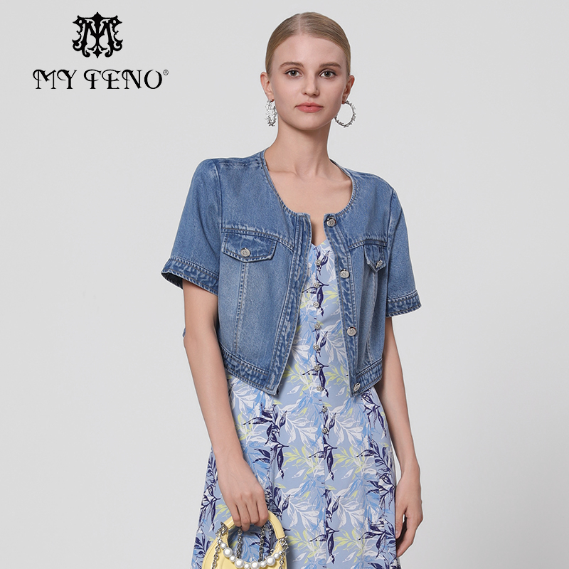 马天奴蓝色莱赛尔短袖牛仔外套