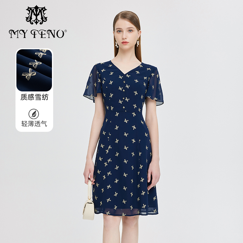 马天奴蝴蝶结绣花连衣裙雪纺