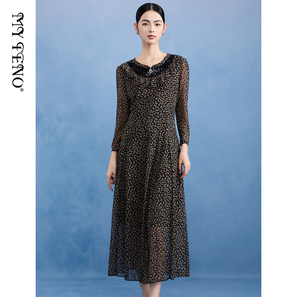 马天奴秋冬新款女装黑色印花网布连衣裙设计感气质长裙收腰裙子,女装/女士精品,连衣裙,淘宝优惠券,粉丝福利购,淘宝优惠卷