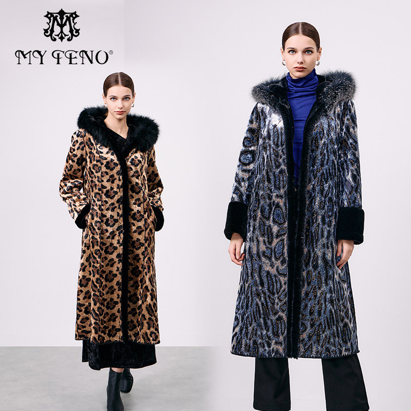 马天奴冬季新款黑色豹纹毛领连帽金貂绒大衣长款高级气质保暖外套