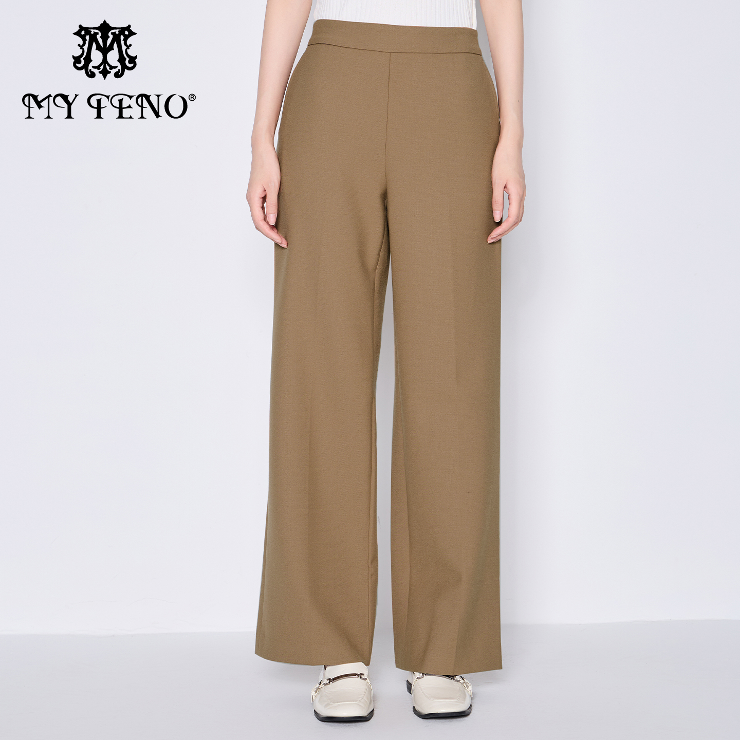 马天奴卡其绵羊毛混纺直筒西裤