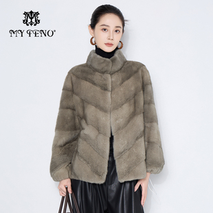 贵气 水貂毛皮草外套条纹奢华保暖时尚 马天奴2025新款 银兰立领短款