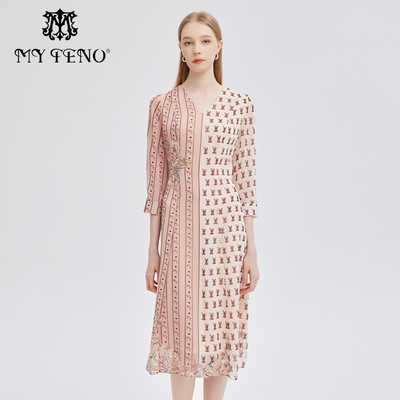 马天奴V领印花雪纺连衣裙