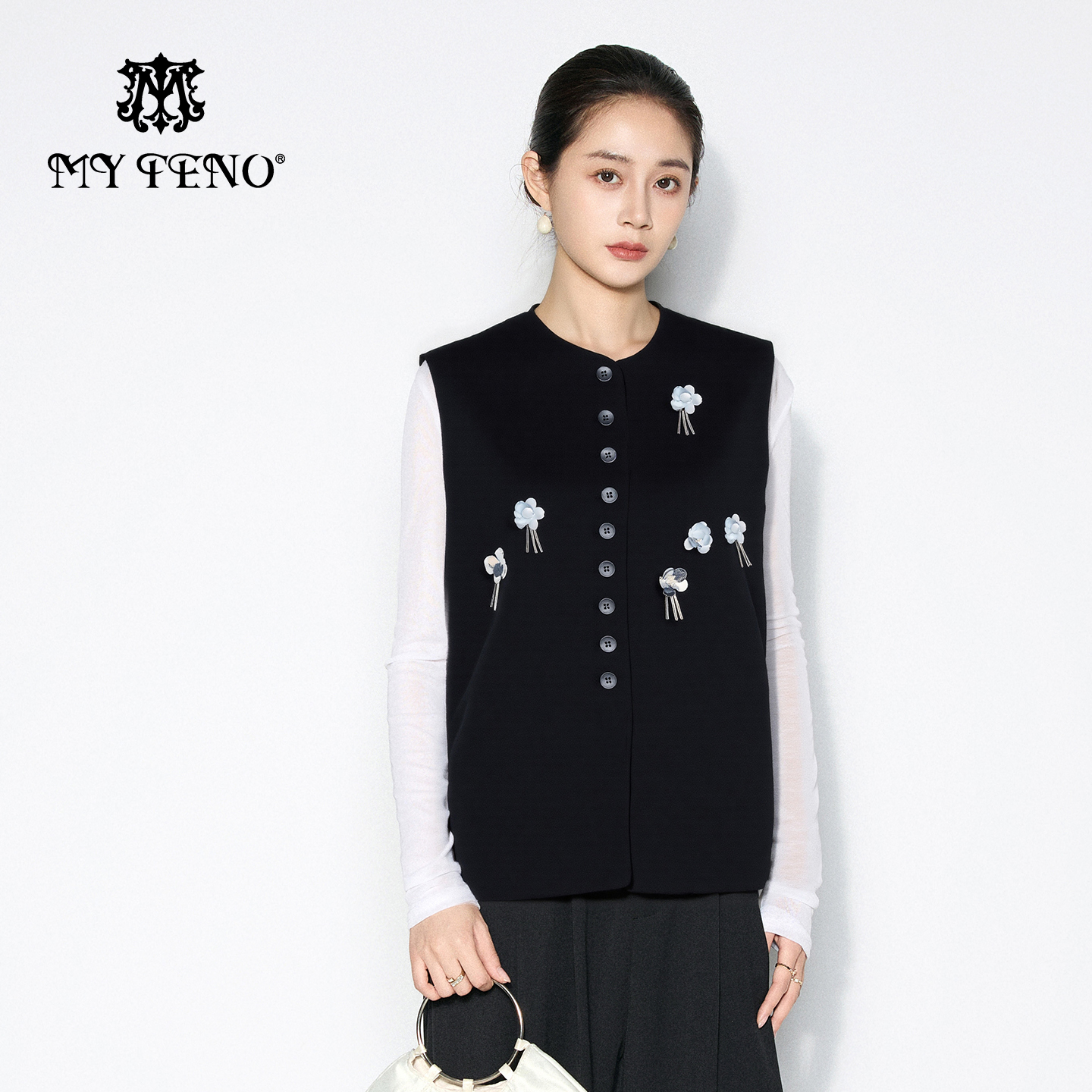 马天奴黑色羊毛混纺珠片花马甲