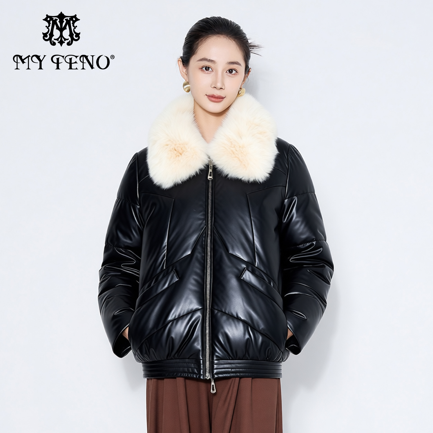 马天奴黑色短款毛领绵羊皮羽绒