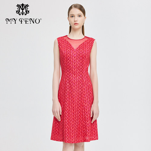 马天奴长裙礼裙网纱红色提花无袖