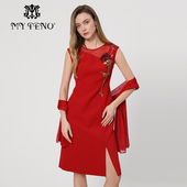 红色亮片刺绣连衣裙子圆领无袖 专柜正品 马天奴2025春夏新款 配披肩