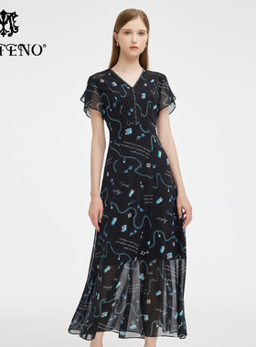 专柜正品马天奴夏黑色V领印花短袖连衣裙子时尚MRA152DRX0