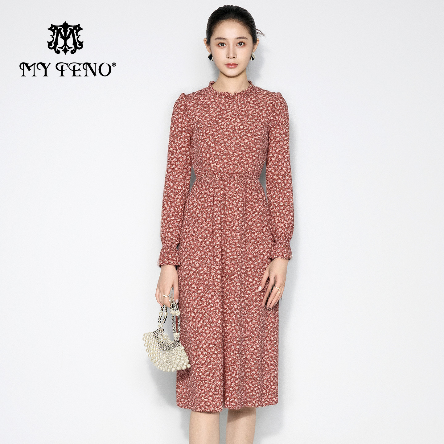 马天奴红色印花长袖收腰连衣裙