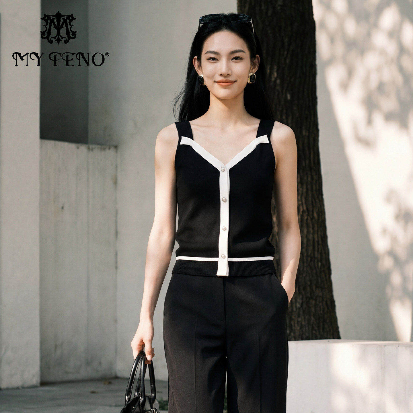 马天奴2026春夏新款黑白针织背心马甲无袖小衫上衣气质时尚百搭女