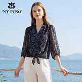 马天奴2026春夏新款 百搭流行女 绑带气质时尚 V领印花上衣小衫 衬衫