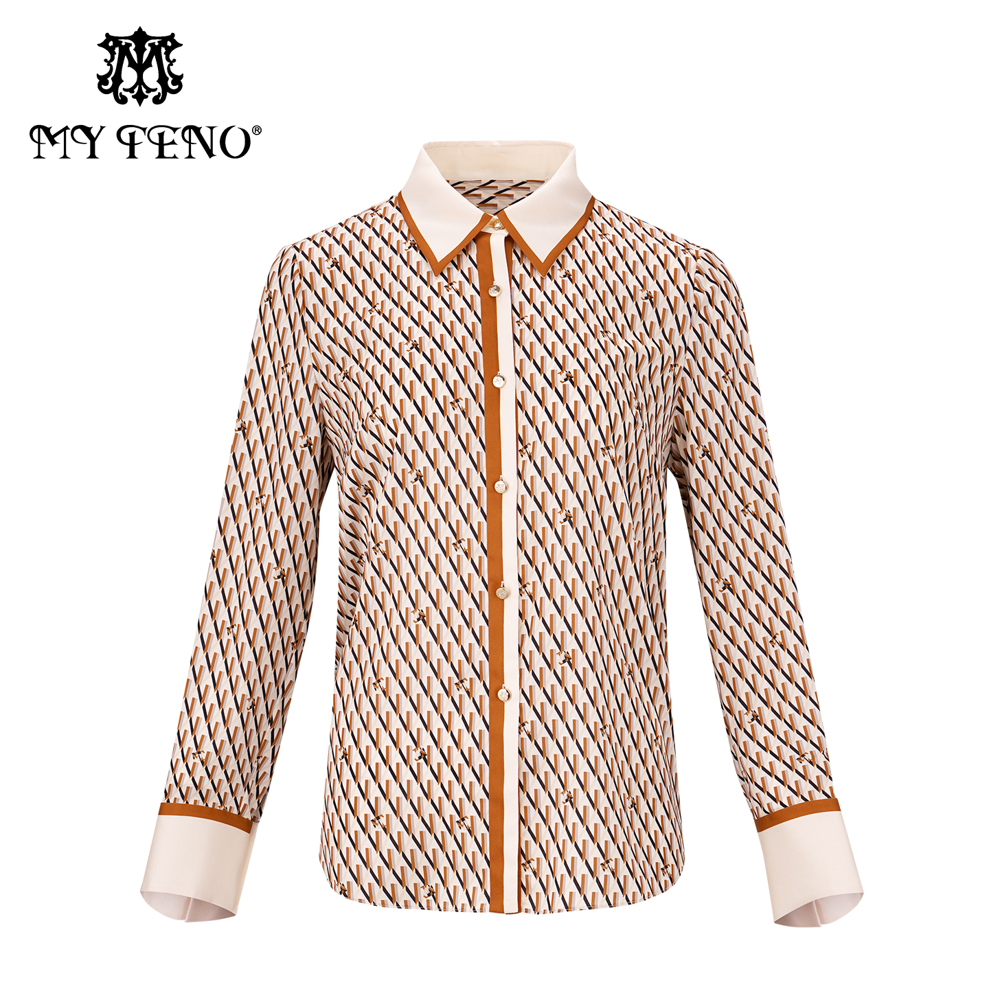 专柜正品马天奴秋冬新款女装卡其印花翻领单排扣衬衫长袖衬衣上衣