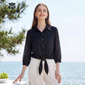 衬衣绑带上衣气质时尚 马天奴2026春夏新款 黑色提花翻领单排扣衬衫