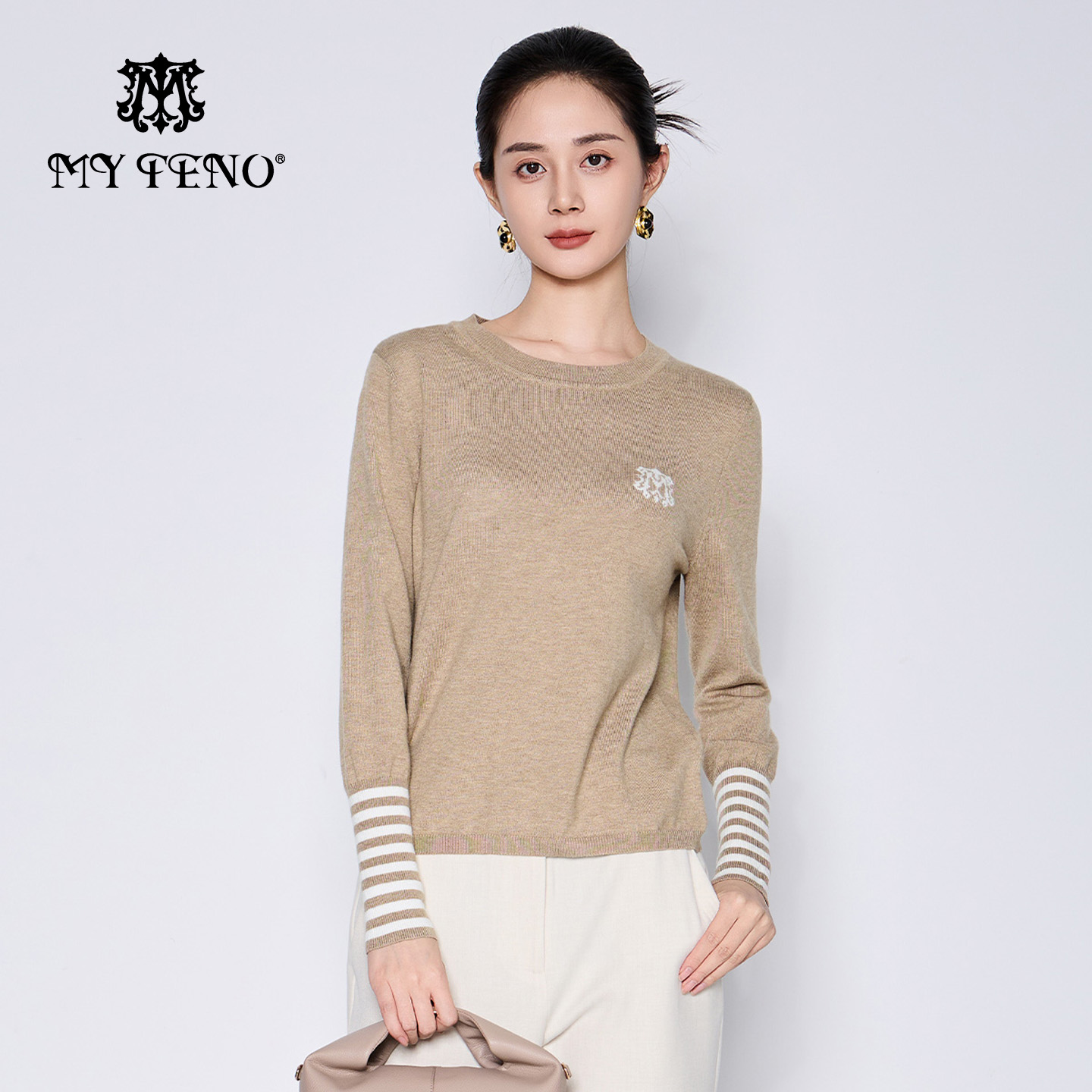 马天奴撞色条纹圆领长袖针织衫