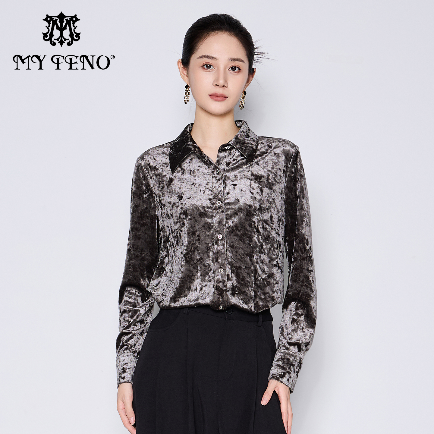 马天奴灰色长袖单排扣丝绒衬衫