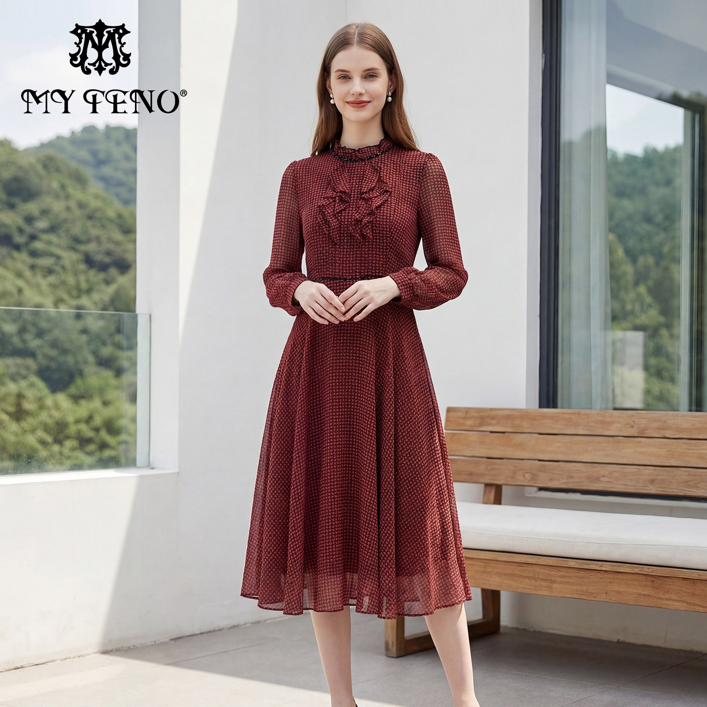 马天奴2026春夏新款红色格子荷叶花边长袖收腰连衣裙子气质时尚女