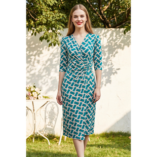 马天奴秋冬孔雀绿几何印花连衣裙子V领抓褶收腰短袖气质