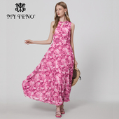 春夏新款 专柜正品 马天奴女装 粉色印花雪纺连衣裙子系带领长裙度假
