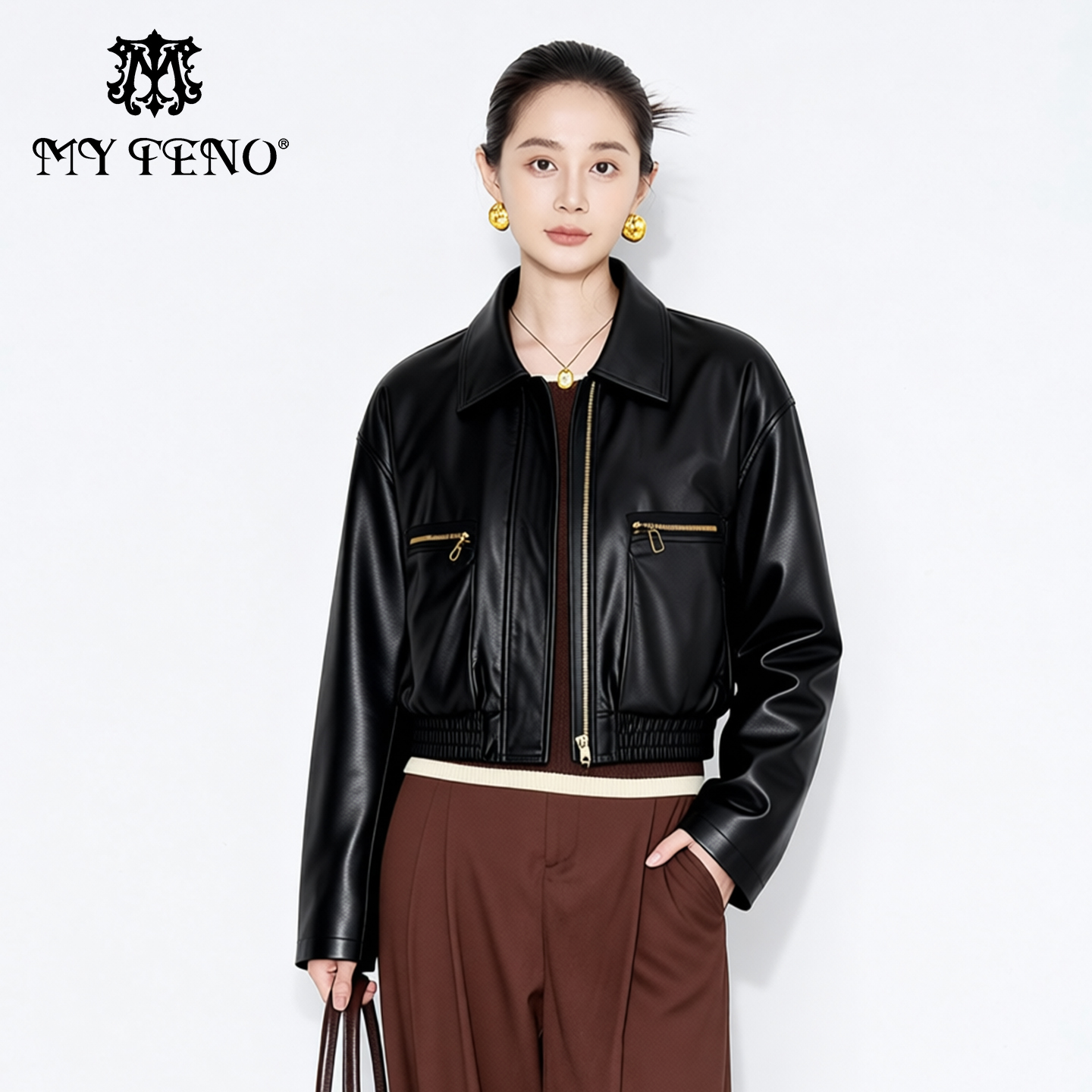 马天奴黑色翻领短款皮夹克外套