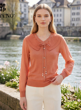 马天奴秋冬新款女装橙色V领系带针织衫长袖设计感小衫套头衫上衣