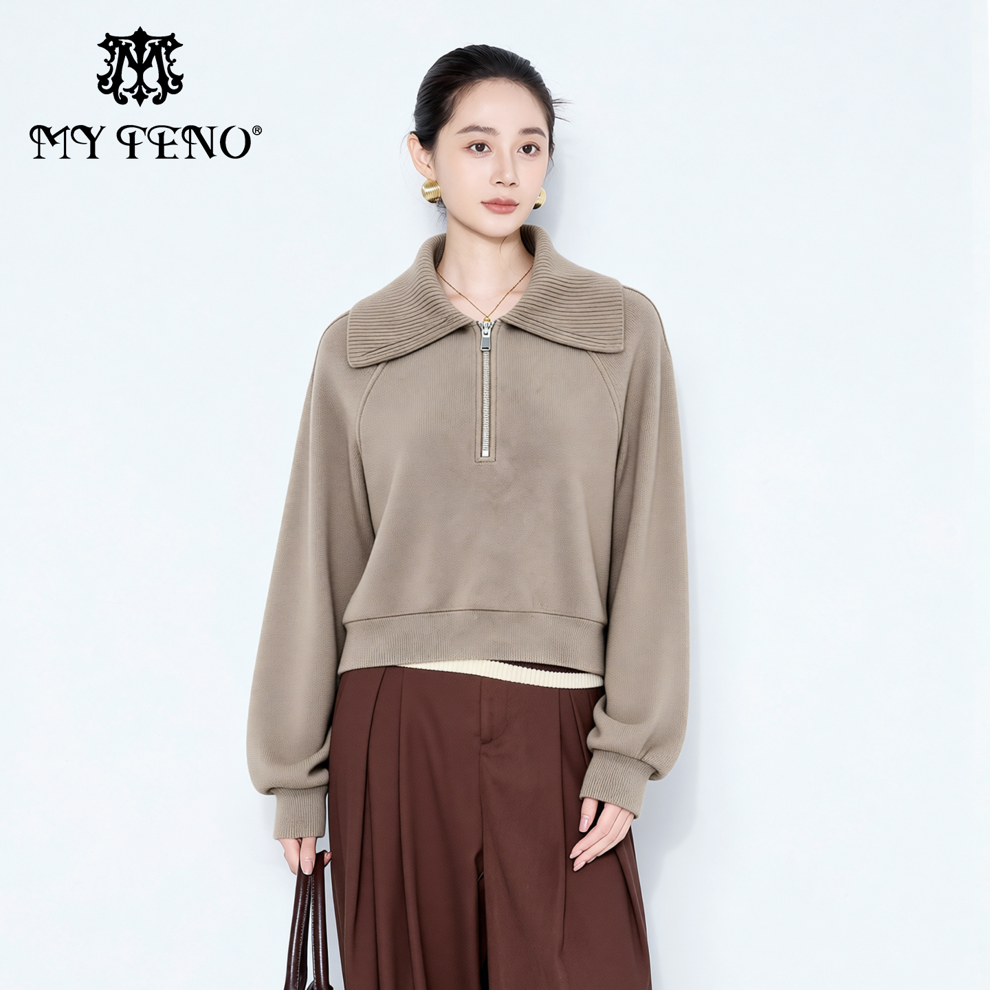 马天奴卡其翻领半开襟宽松卫衣