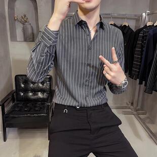 长袖 男士 商务休闲衬衣正装 修身 春秋季 男人寸衫 高级感黑色条纹衬衫