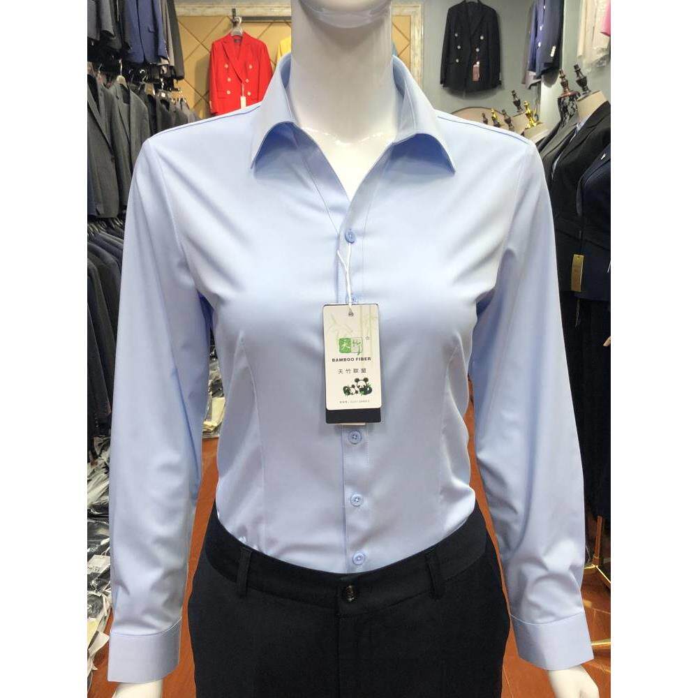 V领浅蓝色衬衫女衬衫职业弹力竹衬衫