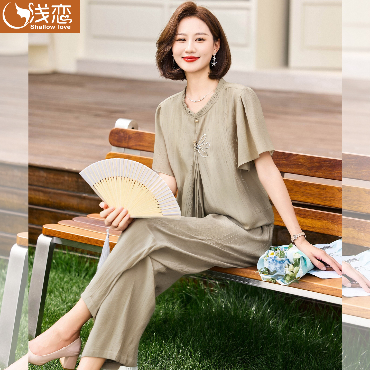 妈妈夏装洋气雪纺上衣中年女夏季2025新款T恤中老年时尚短袖套装