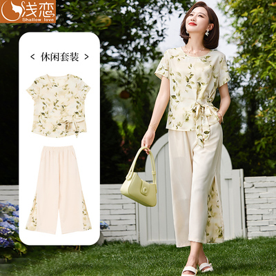 洋气妈妈夏装短袖上衣服中年女装2025新款中老年夏季薄款雪纺套装