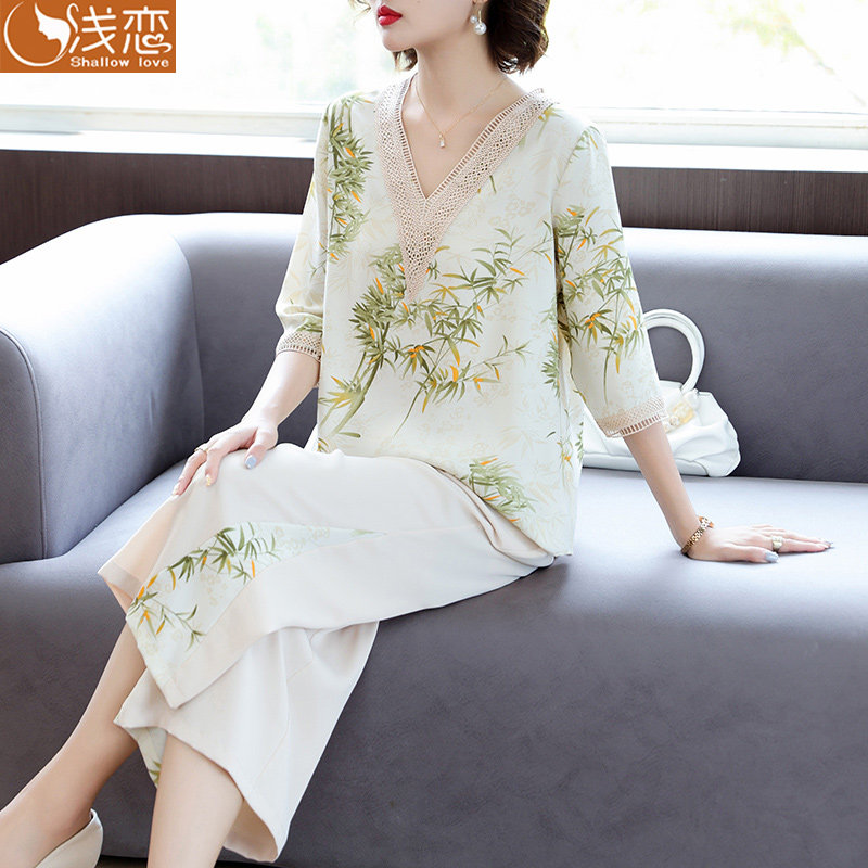 妈妈气质大码雪纺小衫中年女装夏装阔腿裤中老年夏季洋气半袖套装